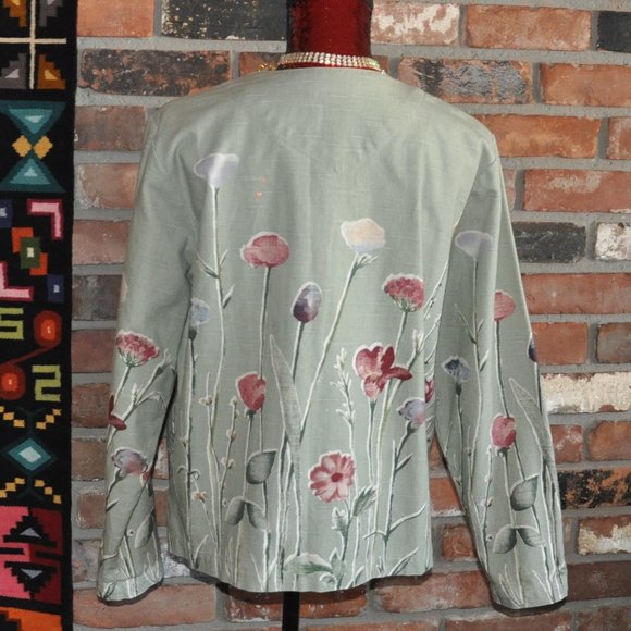 Coldwater Creek Sage Green Botanical Floral Print Button Up Jacket Coat L - Picture 3 of 8